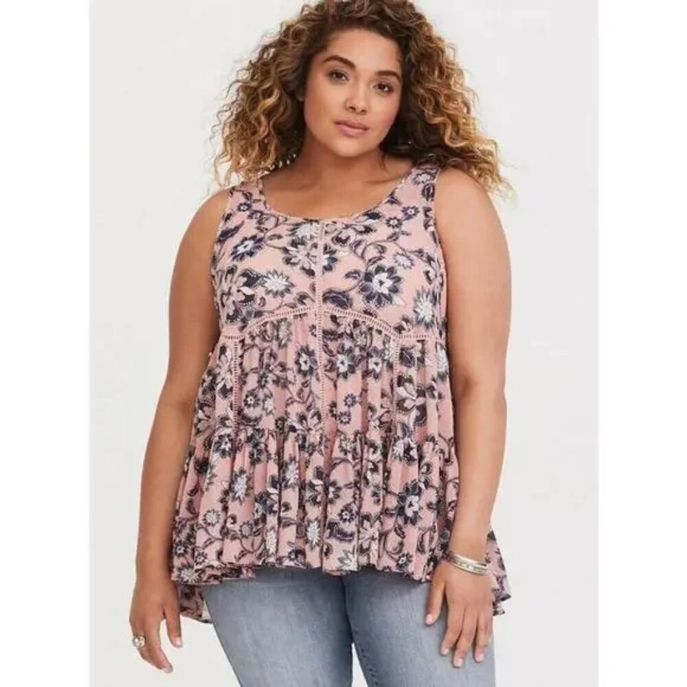 Torrid Pink Floral Lace-Up Chiffon Tank Sz 1/14-16